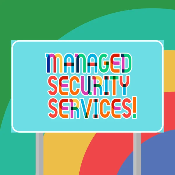 Conceptual hand writing showing Managed Security Services. Business photo showcasing approach in analysisaging clients security needs Blank Outdoor Color Signpost photo with Two leg and Outline.