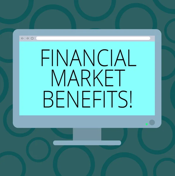 Writing note showing Financial Market Benefits. Business photo showcasing Contribute to the health and efficacy of a market Blank Computer Desktop Monitor Color Screen Mounted with Progress Bar.
