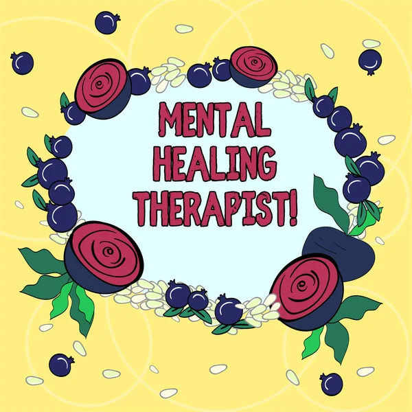 Handwriting text Mental Healing Therapist. Concept meaning Counseling or treating clients with mental disorder Floral Wreath made of Tiny Seeds Small Glossy Pomegranate and Cut Beet. — Stock Photo, Image