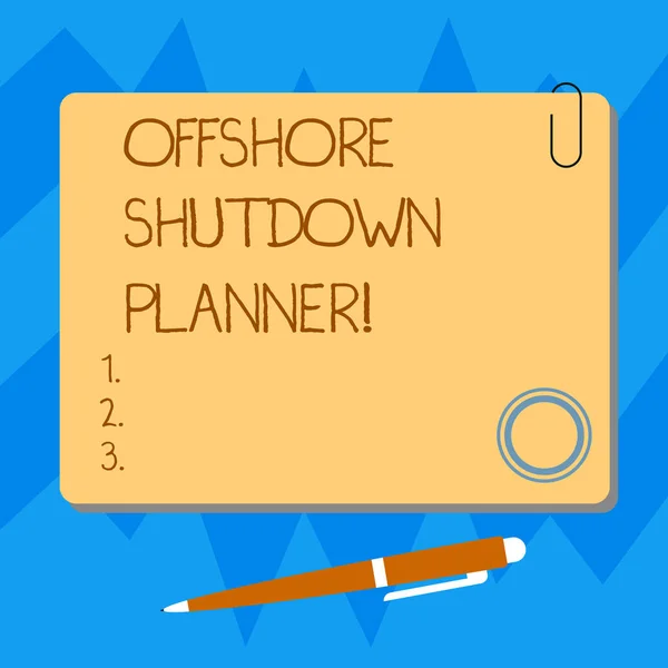 Word writing text Offshore Shutdown Planner. Business concept for Responsible for plant maintenance shutdown Blank Square Color Board with Magnet Click Ballpoint Pen Pushpin and Clip.