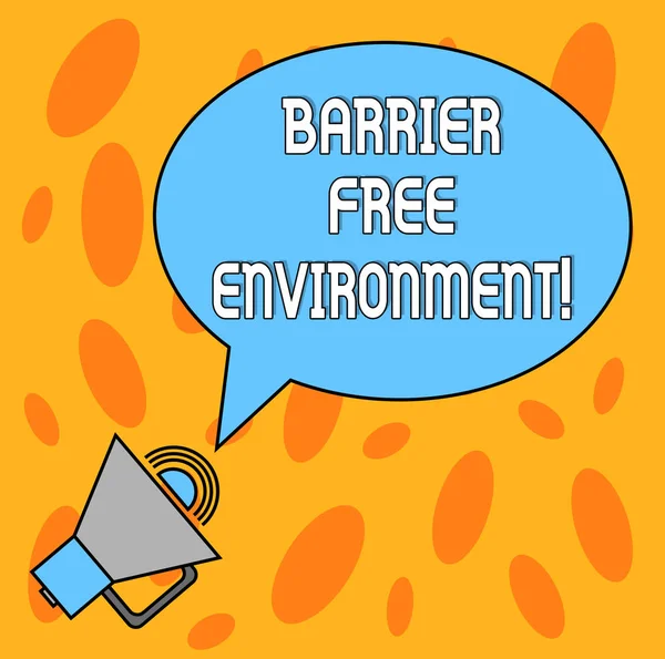 Text sign showing Barrier Free Environment. Conceptual photo free of potential obstacles to individuals Blank Oval Outlined Speech Bubble Text Balloon Megaphone with Sound icon.