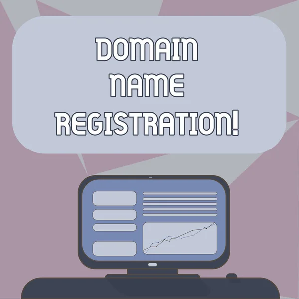 Writing Obs visar registrering av domännamn. Företag foto skylta processen att reservera ett namn på Internet monterad datorskärmen med linjediagrammet på skrivbord Blank färg textruta. — Stockfoto