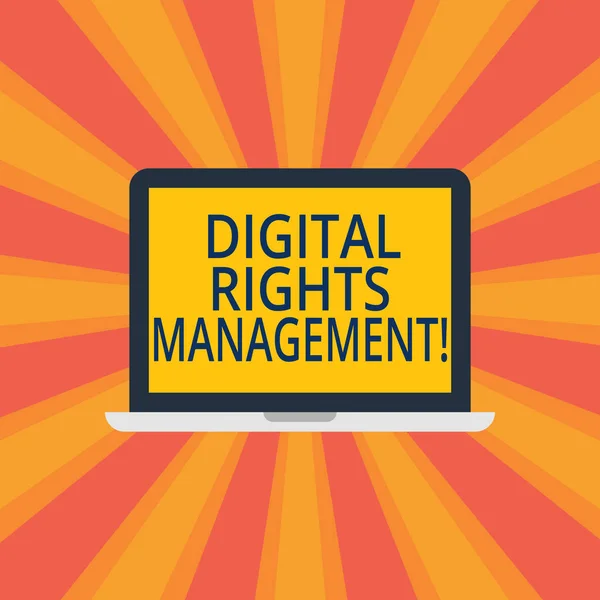 Text sign showing Digital Rights Management. Conceptual photo approach to copyright protection for digital media Laptop Monitor Personal Computer Device Tablet Blank Screen for Text Space.