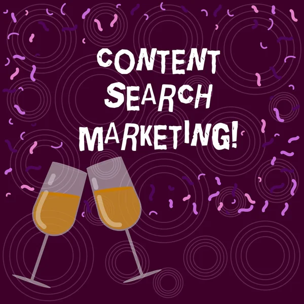 Writing note showing Content Search Marketing. Business photo showcasing promoting websites by increasing visibility search Filled Wine Glass for Celebration with Scattered Confetti photo.