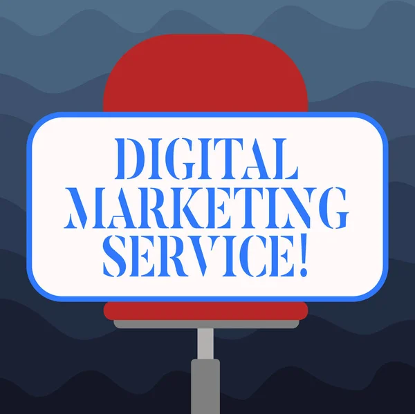 Writing note showing Digital Marketing Service. Business photo showcasing services using digital channels to reach consumers Blank Rectangular Shape Sticker Sitting Horizontally on a Swivel Chair.
