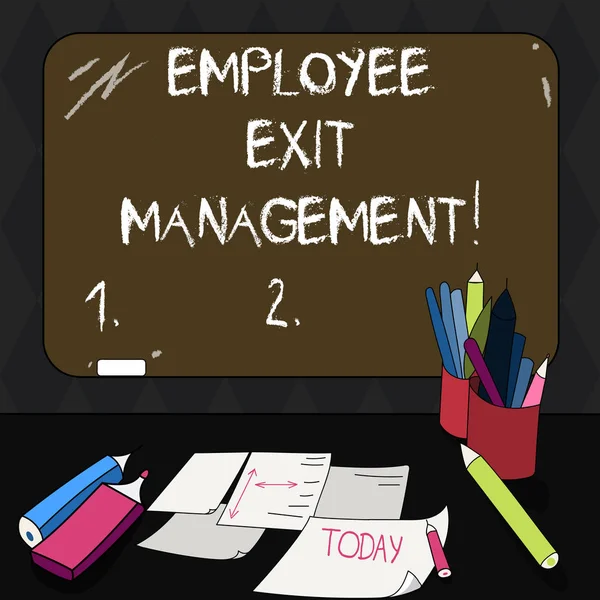 Text sign showing Employee Exit Management. Conceptual photo Separation process when an employee resign Mounted Blank Color Blackboard with Chalk and Writing Tools Sheets on Desk.