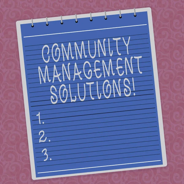 Writing note showing Community Management Solutions. Business photo showcasing Manage and engage the community of your brand Lined Spiral Top Color Notepad photo on Watermark Printed Background.