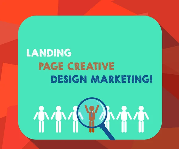 Текст написания слов Landing Page Creative Design Marketing. Концепция бизнеса для домашней страницы реклама социальных медиа Увеличение стекла над избранным человеком Фигура среди анализа Ху Dummies Line Up . — стоковое фото