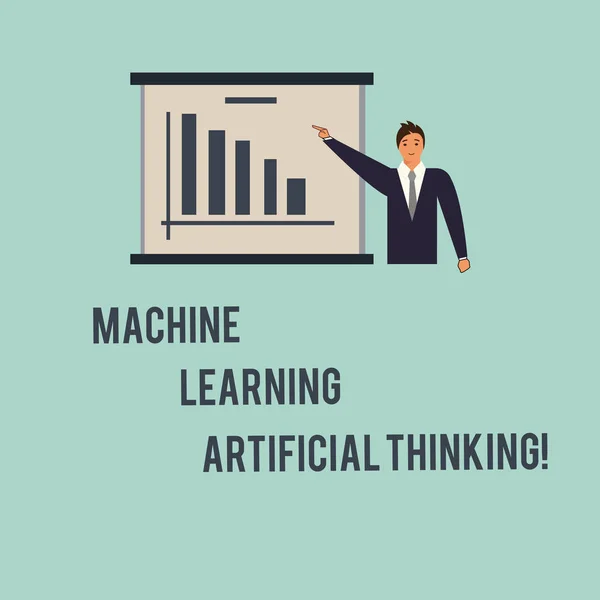 手書きテキストは、マシン学習人工思考します。概念の意味の e ラーニング オンライン教育チャットボット ビジネス スーツを指して立っている男棒グラフ コピー スペース ボード. — ストック写真