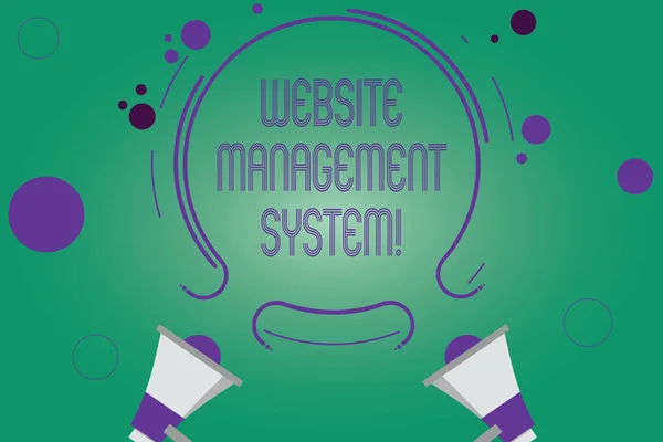 Writing note showing Website Management System. Business photo showcasing way to analysisage digital information on a website Two Megaphone and Circular Outline with Small on Color Background.