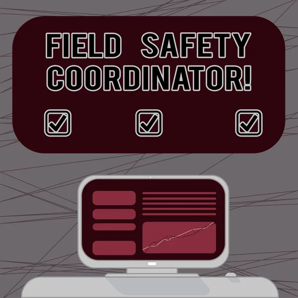 Word writing text Field Safety Coordinator. Business concept for Ensure compliance with health and safety standards Mounted Computer Screen with Line Graph on Desk Blank Color Text Box.