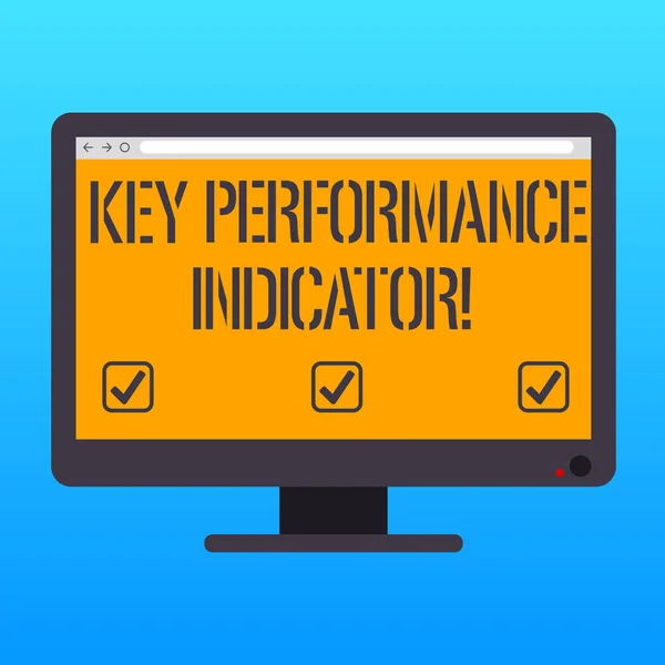 Escrita à mão texto escrita Indicador Key Perforanalysisce. Conceito que significa avaliar o sucesso de uma organização Tela de cores de monitor de desktop de computador em branco montada com barra de progresso . — Fotografia de Stock