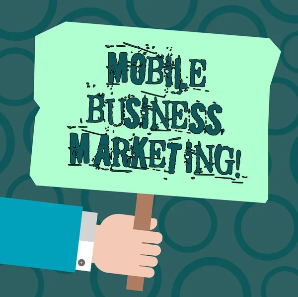 Κείμενο πινακίδα που δείχνει Mobile Marketing επιχειρήσεων. Εννοιολογική φωτογραφία φτάνοντας στους καταναλωτές μέσω κινητών τηλεφώνων Hu ανάλυσης χέρι εκμετάλλευση κενό έγχρωμο πλακάτ με ραβδί φωτογραφία κείμενο χώρο. — Φωτογραφία Αρχείου