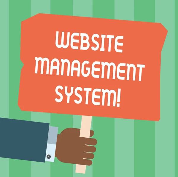 Writing note showing Website Management System. Business photo showcasing way to analysisage digital information on a website Hu analysis Hand Holding Colored Placard with Stick Text Space.