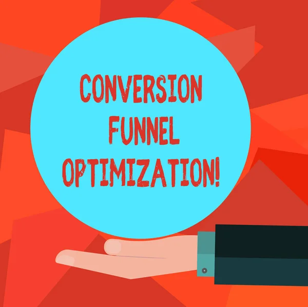 Word writing text Conversion Funnel Optimization. Business concept for thinking of advanced ways in online trading Hu analysis Hand in Suit Offering Blank Solid Color Circle for Logo Posters.