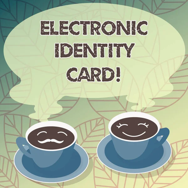Conceptual hand writing showing Electronic Identity Card. Business photo text digital solution for proof of identity of citizens Cup Saucer for His and Hers Coffee Face icon with Steam.