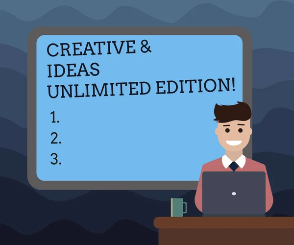 Writing note showing Creative And Ideas Unlimited Edition. Business photo showcasing Bright thinking limitless creativity Bordered Board behind Man Sitting Smiling with Laptop Mug on Desk.