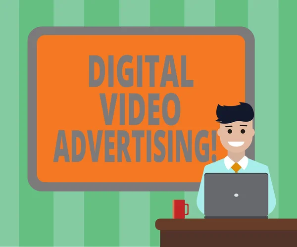 Handwriting text Digital Video Advertising. Concept meaning Engage audience in the form of video content Blank Bordered Board behind Man Sitting Smiling with Laptop Mug on Desk.