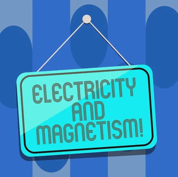 Handschrift Text Elektrizität und Magnetismus. Konzept bedeutet, verkörpert einen einzigen Kern elektromagnetische Kraft leer hängende Farbe Türfenster Beschilderung mit Reflexionsschnur und Heftklammer. — Stockfoto