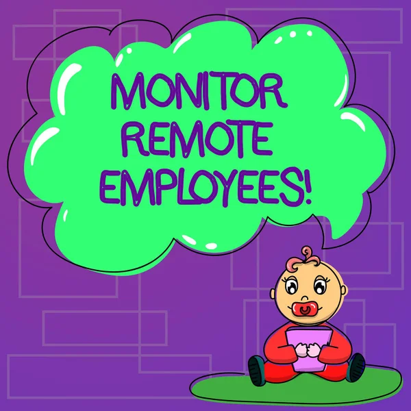 Handwriting text Monitor Remote Employees. Concept meaning Tracking the time spend by virtual employees Baby Sitting on Rug with Pacifier Book and Blank Color Cloud Speech Bubble.