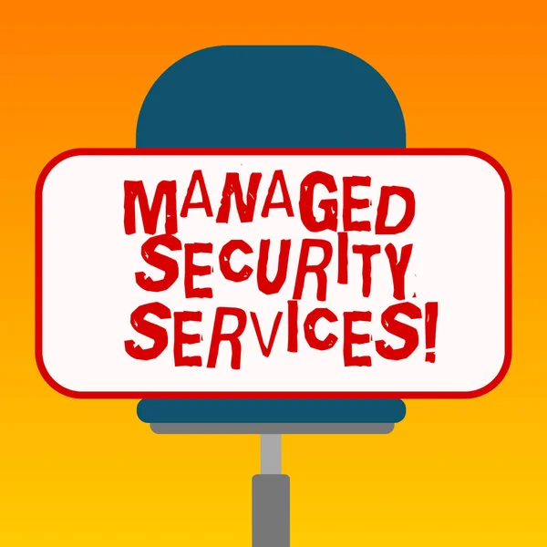 Handwriting text Managed Security Services. Concept meaning approach in analysisaging clients security needs Blank Rectangular Shape Sticker Sitting Horizontally on a Swivel Chair.