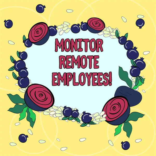 Handwriting text Monitor Remote Employees. Concept meaning Tracking the time spend by virtual employees Floral Wreath made of Tiny Seeds Small Glossy Pomegranate and Cut Beet.