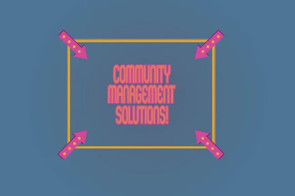 Conceptual hand writing showing Community Management Solutions. Business photo text Manage and engage the community of your brand Square Outline with Corner Arrows Pointing on Color Background.