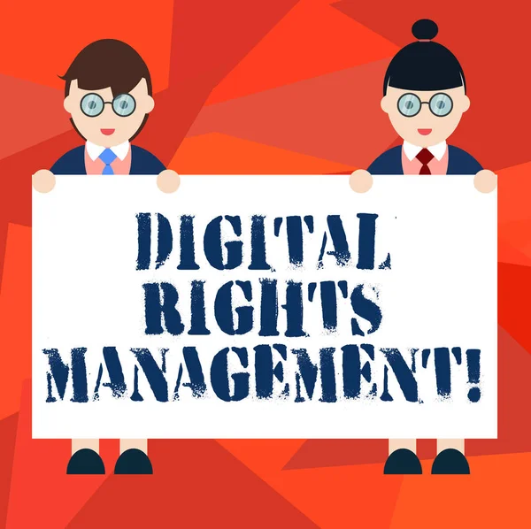 Word writing text Digital Rights Management. Business concept for approach to copyright protection for digital media Male and Female in Uniform Standing Holding Blank Placard Banner Text Space.