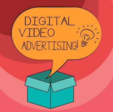 Dijital Video reklam gösterilen metin işareti. Kavramsal fotoğraf meşgul seyirci video içerik fikir simgesi içinde boş yarı ton konuşma balonu üzerinde bir açık karton kutu şeklinde.