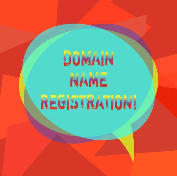Text sign showing Domain Name Registration. Conceptual photo process of reserving a name on the Internet Blank Speech Bubble photo and Stack of Transparent Circle Overlapping.