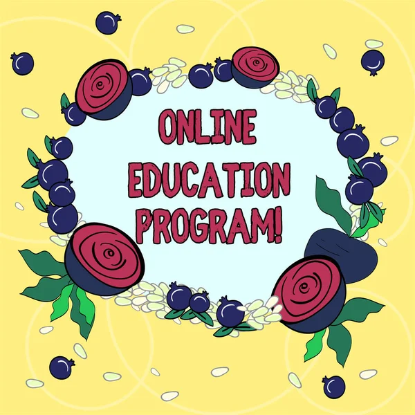 Handwriting text Online Education Program. Concept meaning Distance learning that relies on the Internet Floral Wreath made of Tiny Seeds Small Glossy Pomegranate and Cut Beet. — Stock Photo, Image