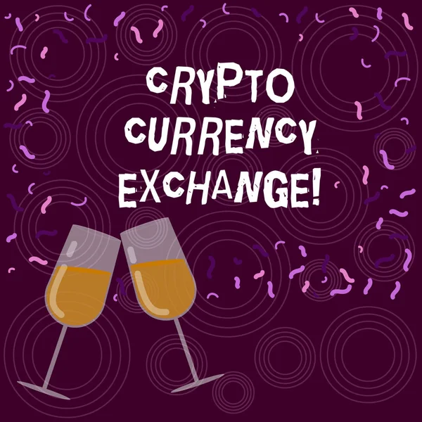 Schrijven van notitie weergegeven: Crypto Currency Exchange. Zakelijke foto presentatie van Trading van digitale valuta's voor andere activa gevuld Wine glas voor viering met verstrooide Confetti foto. — Stockfoto