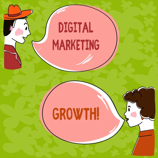 Текст почерка Digital Marketing Growth. Концепция, означающая увеличение онлайн-продаж продукции или доходов от услуг Ручной рисунок человека и Wo анализ Говоря фото с пустой пузырь речи цвета . — стоковое фото