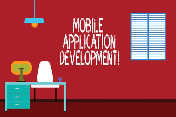 Text sign showing Mobile Application Development. Conceptual photo Writing software for digital devices Work Space Minimalist Interior Computer and Study Area Inside a Room photo. — Stock Photo, Image