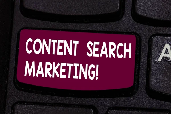 Text sign showing Content Search Marketing. Conceptual photo promoting websites by increasing visibility search Keyboard key Intention to create computer message pressing keypad idea.