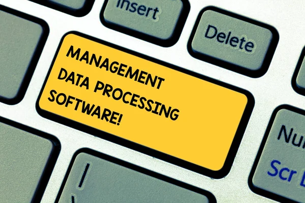 Conceptual hand writing showing Management Data Processing Software. Business photo showcasing System technological applications Keyboard key Intention to create computer message idea. — Stock Photo, Image