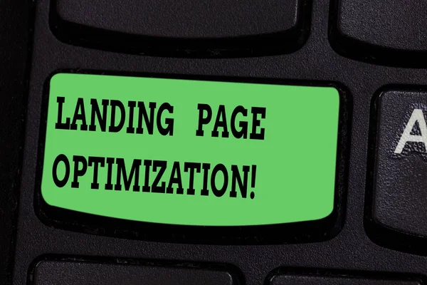 Writing note showing Landing Page Optimization. Business photo showcasing Improve elements of a website to rise conversion Keyboard key Intention to create computer message pressing keypad idea. — Stock Photo, Image