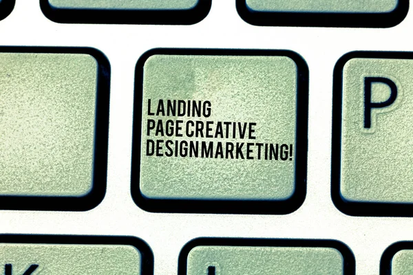 Landing Page Creative Design Marketing. Concetto significato Homepage pubblicità social media Tastiera chiave Intenzione di creare messaggio del computer premendo idea tastiera . — Foto Stock