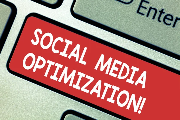 Text sign showing Social Media Optimization. Conceptual photo Digital strategy Generate viral publicity Keyboard key Intention to create computer message pressing keypad idea.