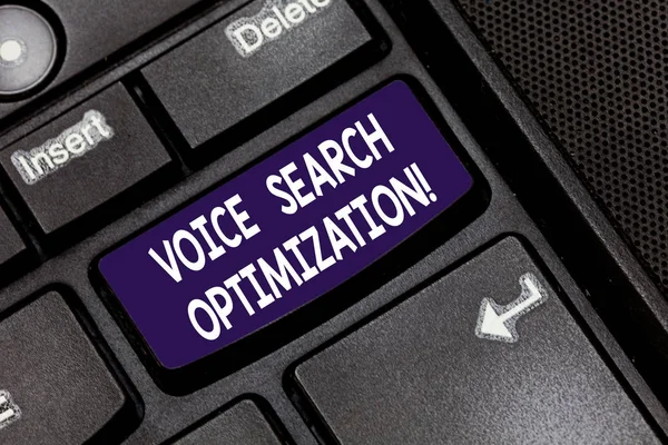Writing note showing Voice Search Optimization. Business photo showcasing enhance web searching through spoken comanalysisds Keyboard key Intention to create computer message pressing keypad idea.