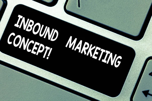 Texto de escritura Inbound Marketing Concept. Concepto que significa estrategia que se centra en atraer clientes Teclado clave Intención de crear mensaje de computadora presionando el teclado idea . — Foto de Stock