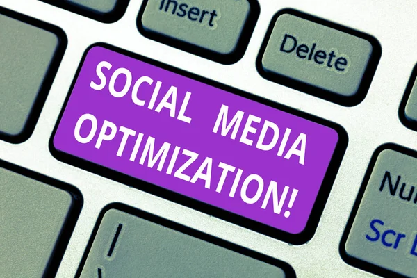 Word writing text Social Media Optimization. Business concept for Digital strategy Generate viral publicity Keyboard key Intention to create computer message pressing keypad idea.