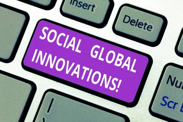 文字写作文本社会全球创新。业务概念的新概念, 满足社会全球需求键盘键意图创建计算机消息按键盘的想法. — 图库照片