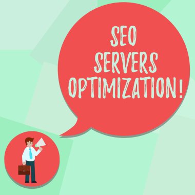 Kavramsal el SEO sunucuları en iyi duruma getirme gösterilen yazma. İş fotoğraf metin Seo ağ kravat taşıyan evrak çantası elinde megafon konuşma balonu erkekte en yüksek verimlilikle çalışma.