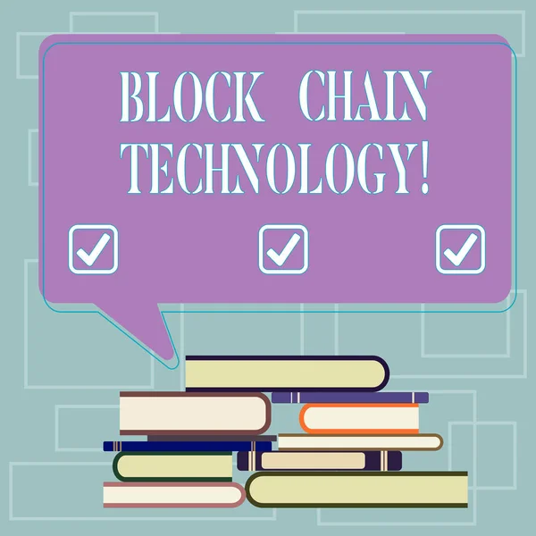 Text sign showing Block Chain Technology. Conceptual photo Digital ledger stored in a distributed network Uneven Pile of Hardbound Books and Blank Rectangular Color Speech Bubble. — Zdjęcie stockowe