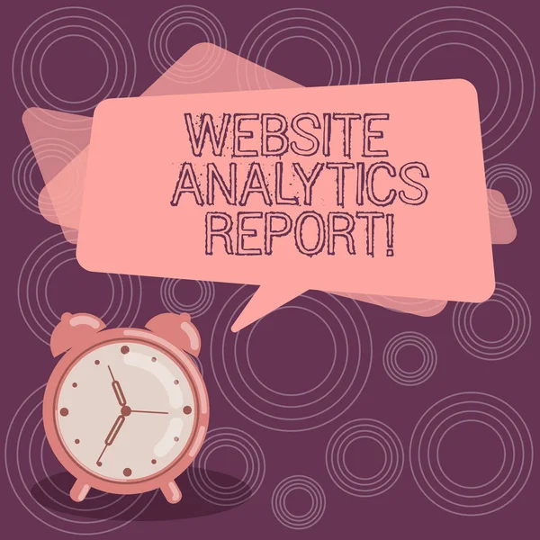 Text sign showing Website Analytics Report. Conceptual photo procedures used to optimize the rank of the website Blank Rectangular Color Speech Bubble Overlay and Analog Alarm Clock. — Stock Photo, Image