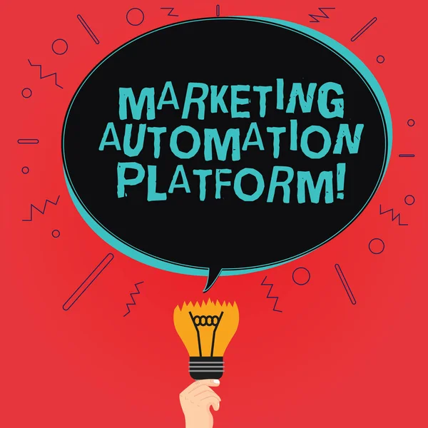 Writing note showing Marketing Automation Platform. Business photo showcasing automate repetitive task related to marketing Oval Speech Bubble Above a Broken Bulb with Failed Idea icon.
