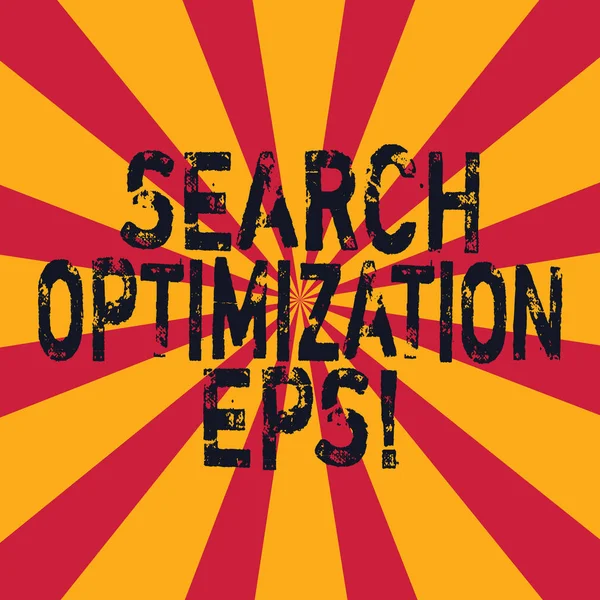 Texto para escrita de palavras Search Optimization Eps. Conceito de negócio para o processo que afeta a visibilidade de um site Sunburst foto dois Tone Explosion Effect for Announcement Poster Ads . — Fotografia de Stock