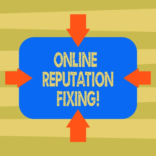 Text sign showing Online Reputation Fixing. Conceptual photo Taking control of the online conversation Arrows on Four Sides of Blank Rectangular Shape Pointing Inward photo.