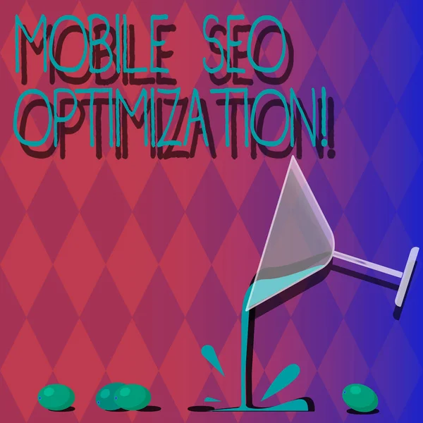 Handwriting text Mobile Seo Optimization. Concept meaning enables a website to rank for mobile searches Cocktail Wine Glass Pouring Liquid with Splash Grapes and Shadow photo. — Φωτογραφία Αρχείου